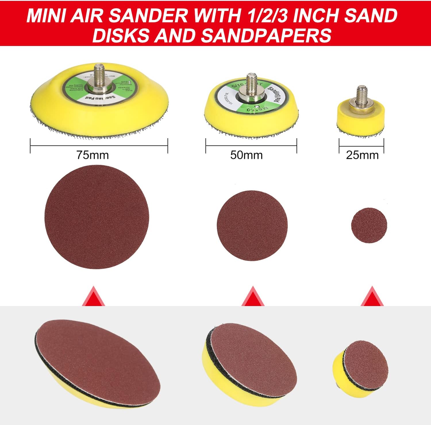 Mini Air Sander,1/2/3 Inch Pneumatic Small Orbital Sander,Metal Construction, High Speed 15000 RPM for Woodworking Car Polishing, Auto Body Work with 15 Round Sandpaper, 3 Sanding Disk