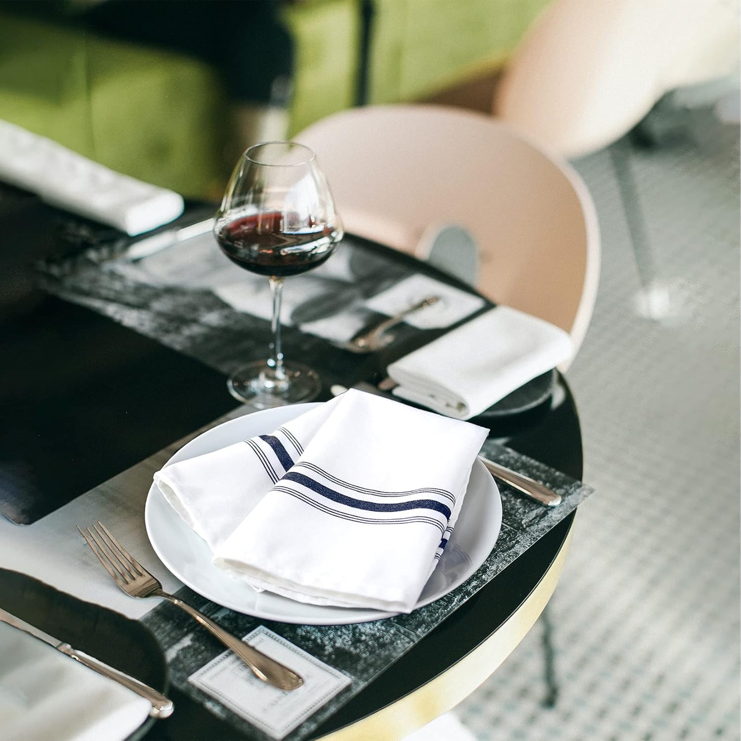 Bistro Restaurant Stripe Cloth Napkins Set of 12 Pack, Commercial Quality 18 x 22 Inches, MJS Linen Dinner Napkins Cloth Washable, Non-Iron, No Fade, Soil Release, Navy Blue Stripes