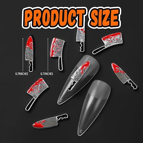 Miniatura 3 de Dijes de uñas de cuchillo sangriento de Halloween, gemas rojas plateadas, suministros de cocina metálicos 3D, joyería gótica afilada para mujeres y