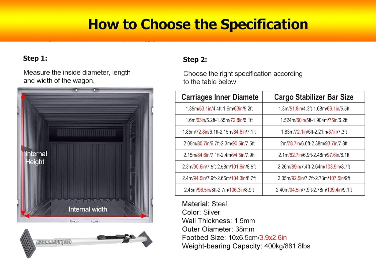 Cargo Stabilizer Bar 4 Pcs Steel Cargo Ratcheting Cargo Bar for Safe Transport of Heavy Items, Adjustable Truck Cargo Bar with Sprung, for Full-Size Trucks SUVs Vans Cars Trailers(5-6.2ft)