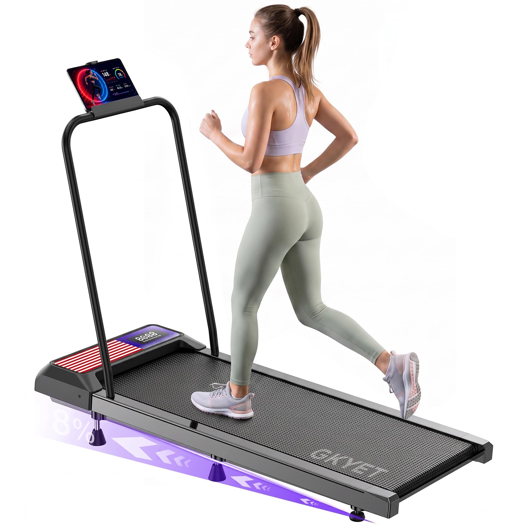 GKYET Walking Pad with Handle Bar, 8% Incline, Compact Under Desk Treadmill