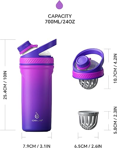 Miniatura 6 de Ideus Botella mezcladora de proteínas de 24 onzas (24.0 fl oz), botella agitadora de acero inoxidable aislada con bola de Tritan silenciosa, vasos