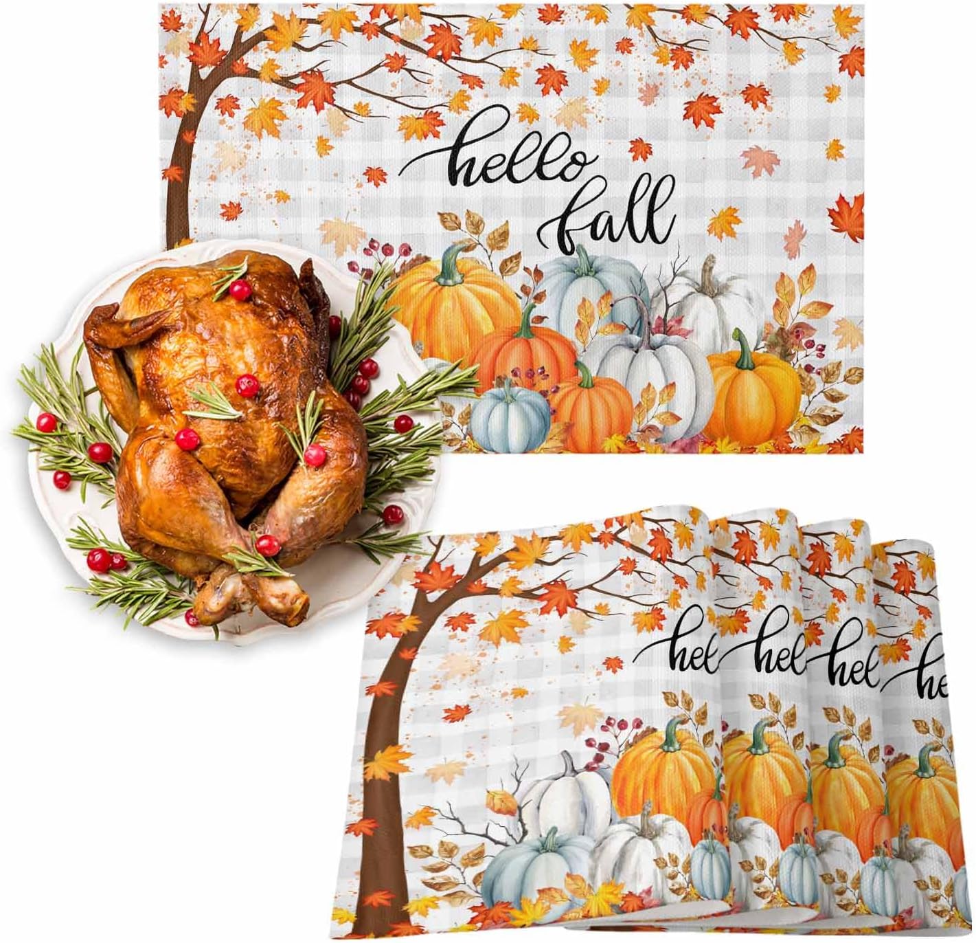 Hello Fall Placemats Set of 6 Thanksgiving Orange White Pumpkin Place Mats Leaf Plaid Washable Table Mats for Party Kitchen Dining Decoration, 13 X 19 Inch
