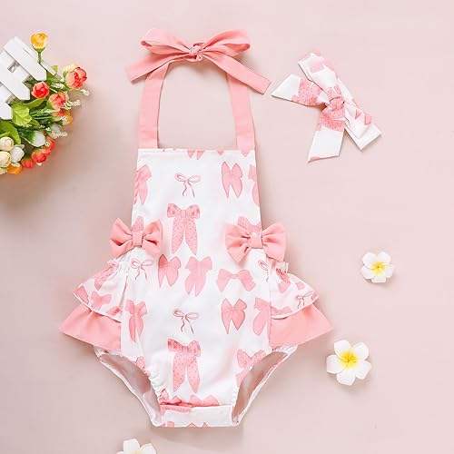 Miniatura 2 de GRNSHTS Mameluco con volantes para bebés y niñas pequeñas, sin mangas, con cuello halter y diadema, ropa de verano