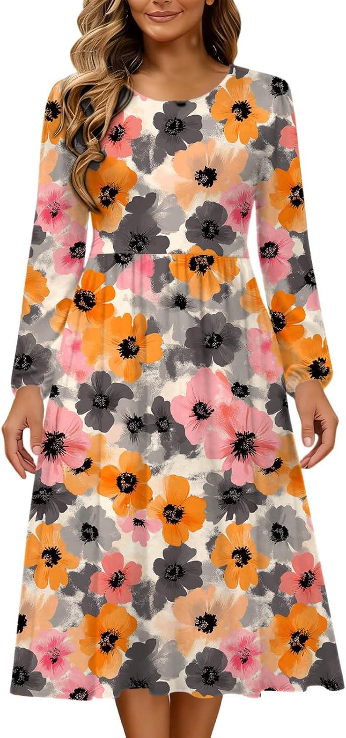 Womens Long Sleeve Midi Dress Loose Crewneck Vintage Graphic Flowy Party Cocktail Casual Maxi Dresses