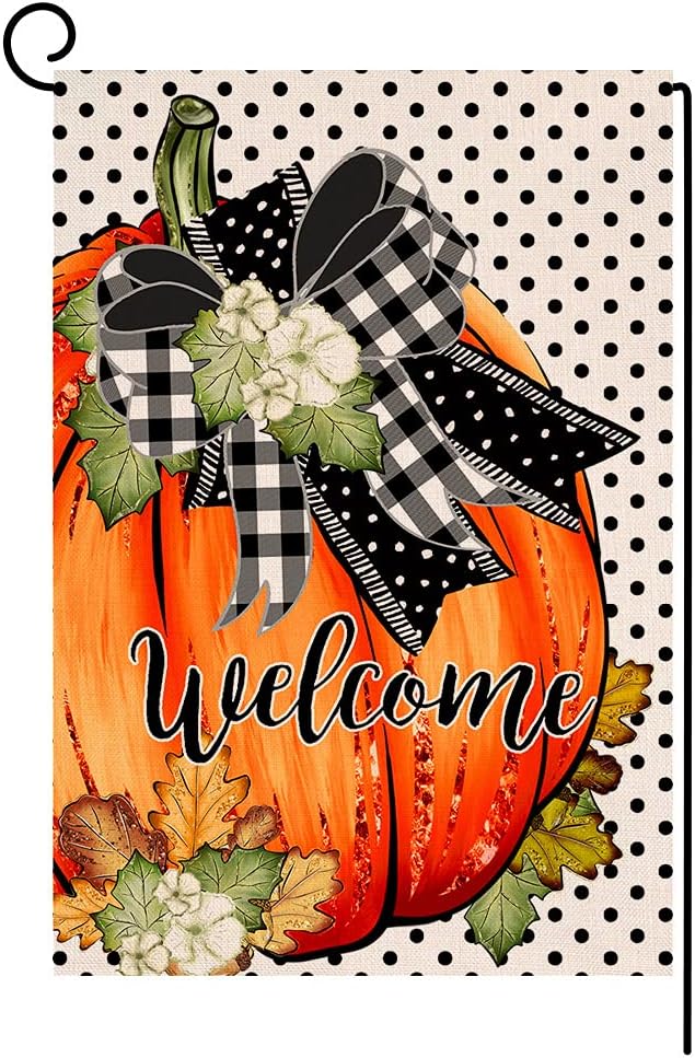 BLKWHT Welcome Fall Pumpkin Small Garden Flag 12x18 Inch Vertical Double Sided Halloween Thanksgiving Orange Dot Burlap Yard Outdoor Decor BW016
