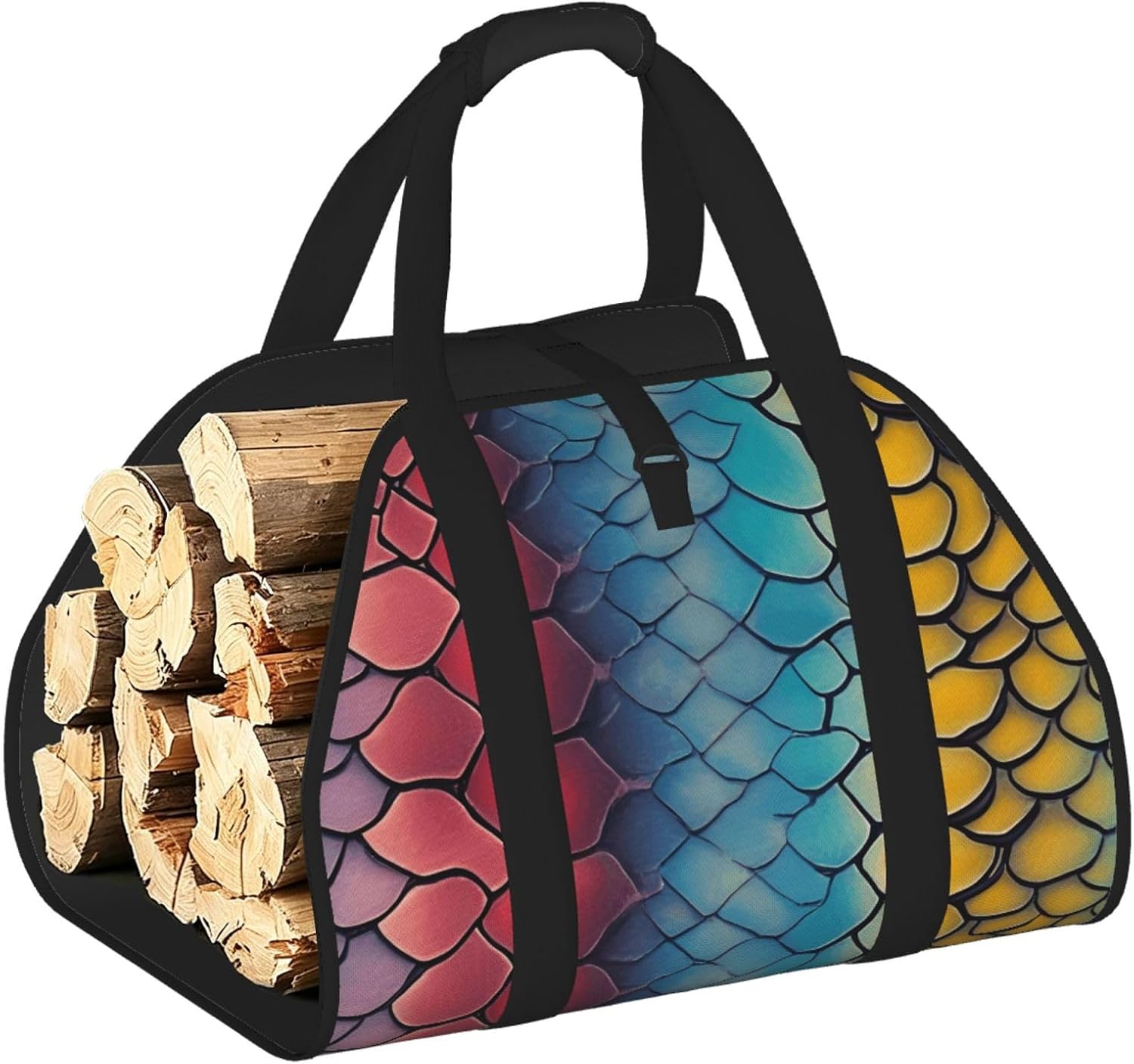 Augenstern Large Colorful-Snake-Scales Firewood Carrier Bag, 600d Oxford Cloth Log Tote with Reinforced Handles, Open-End Wood Hauling Bag for Fireplace, Wood Stove, Camping and Outdoor Storage
