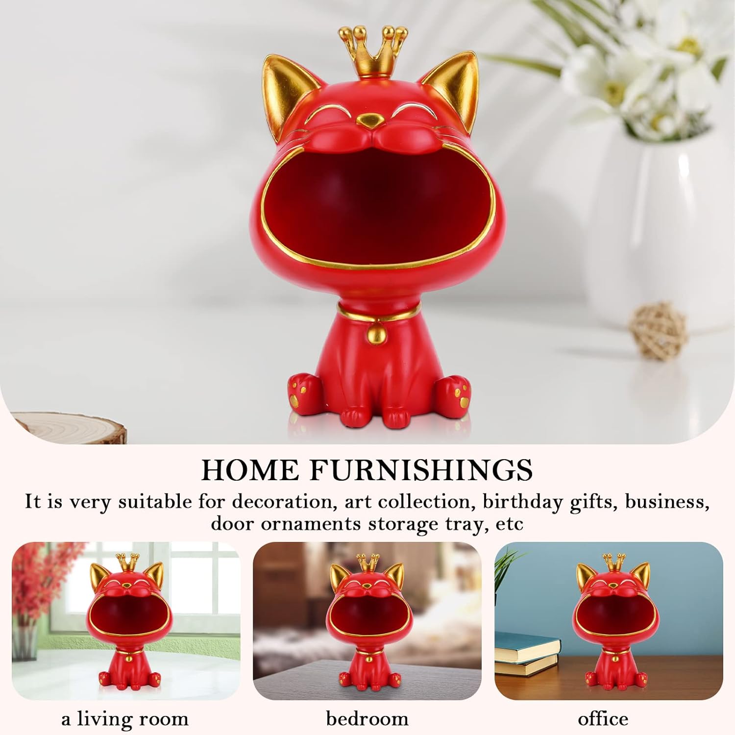 Key Bowl for Entryway Table, Lucky Cat Statue Candy Dish for Office Desk Art Home Décor