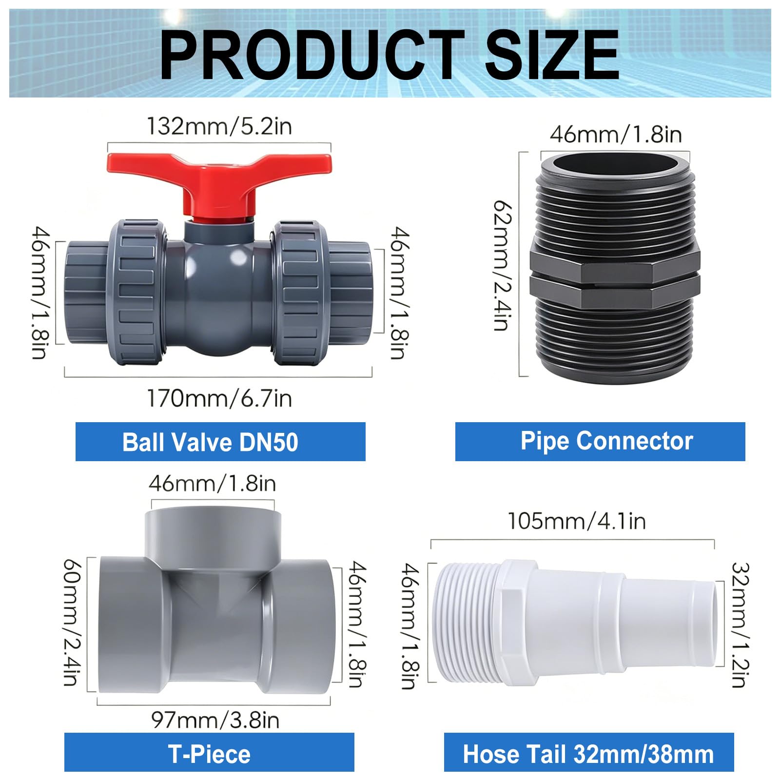 Bypass Pool Set, Ø 50 mm Bomba de calor Pool Conector Set, Bypass Set para piscina, incluye mangueras y adaptadores de 32 mm y 38 mm, para un control preciso del suministro de agua y un
