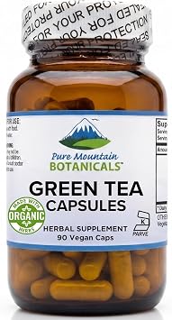 Pure Mountain Botanicals Green Tea Extract Capsules - EGCG Supplement - 90 Veggie Caps - 450mg - 50% EGCG - 98% Polyphenols - Kosher - Vegan - Organic Herbal Leaf Formula
