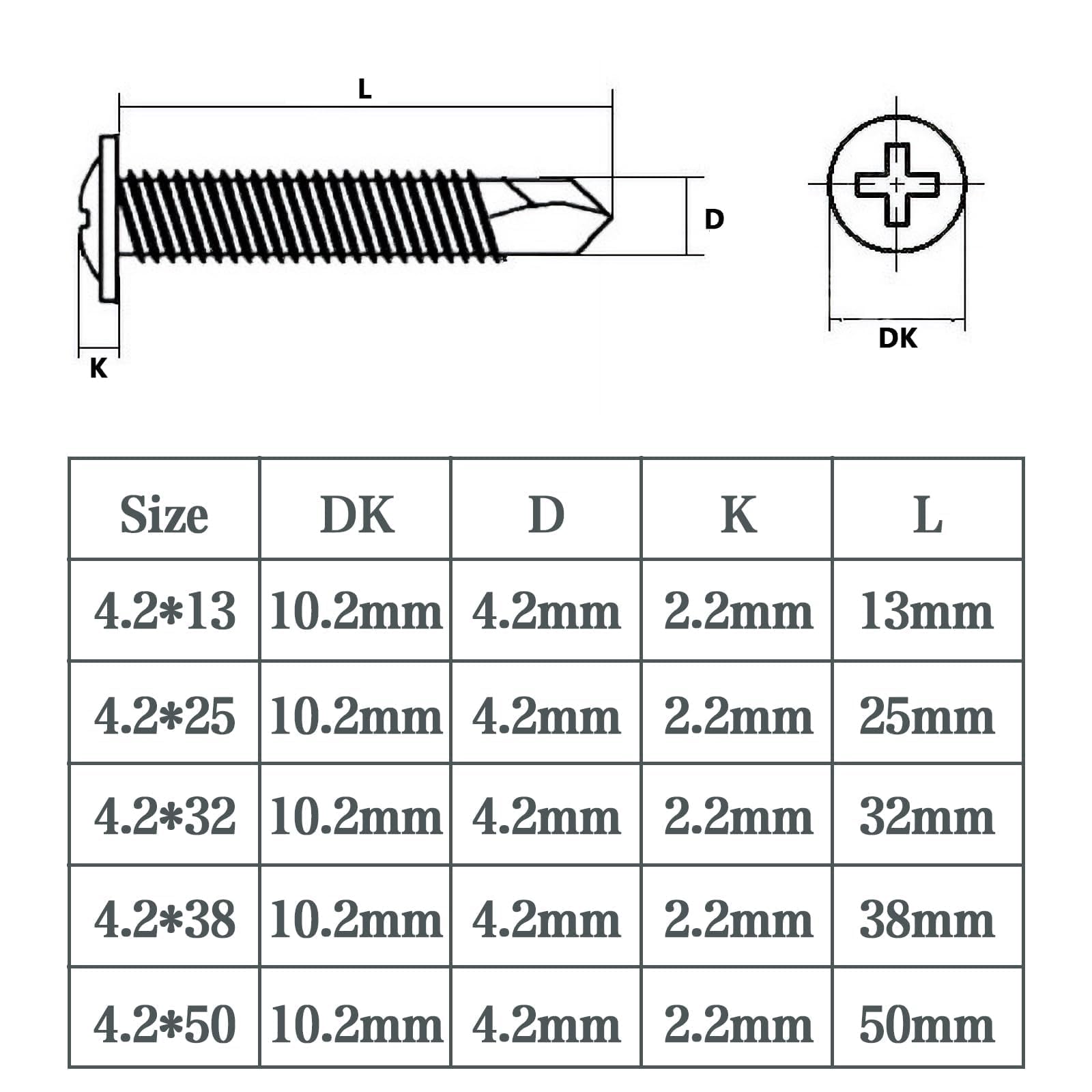 150 Pieces Self-Tapping Screws Stainless Steel 4,2 x 13 mm