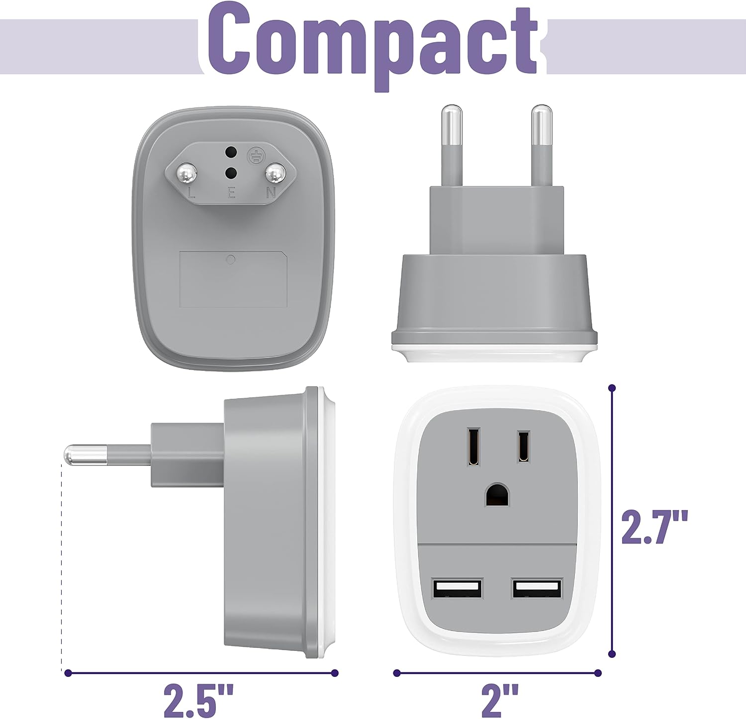 Bates European Travel Adapter with USB - US to Europe Plug Adapter for Travel