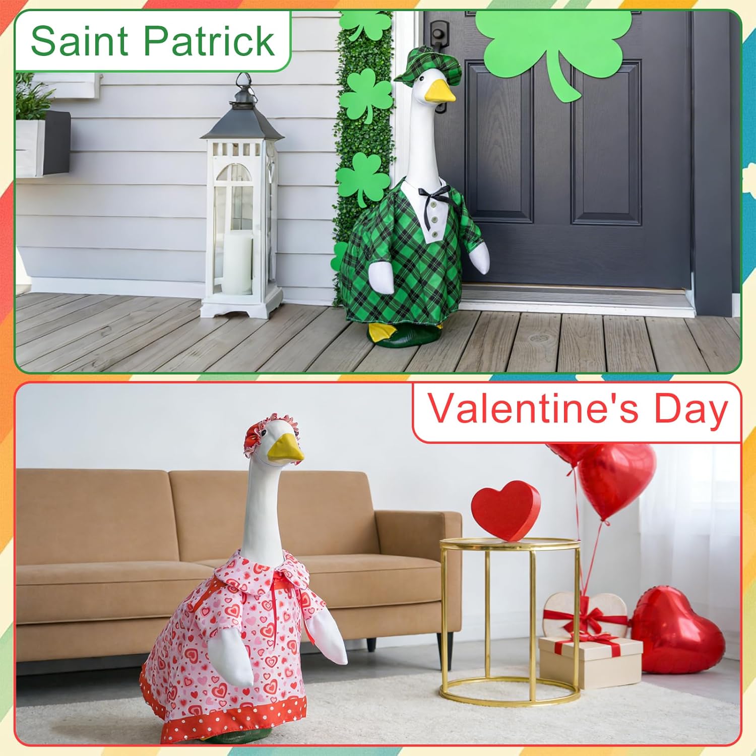8 Set Porch Goose Outfits All Seasons Holiday Bundle, Valentine's Day, St. Patrick's, Easter, Independence, Back School, Halloween, Thanksgiving, Christmas Clothing for 23" Lawn Goose Patio Yard Deco - Image 5