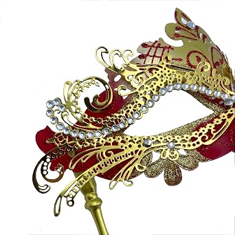 Masquerade Mask for Women Mardi Gras Venetian Handheld Gold and Red Opera Maks Halloween Costume Mask
