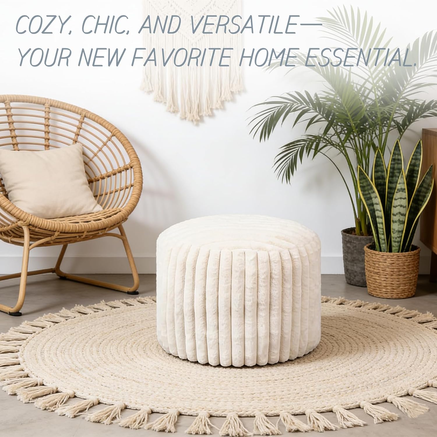 2 Pcs 20 x 15 Inch Unstuffed Pouf Cover Ottoman Foot Rest - No Filler, Faux Rabbit Fur Foot Stool Floor Bean Bag Floor Chair Storage for Home Decor Bedroom Living Room (White)