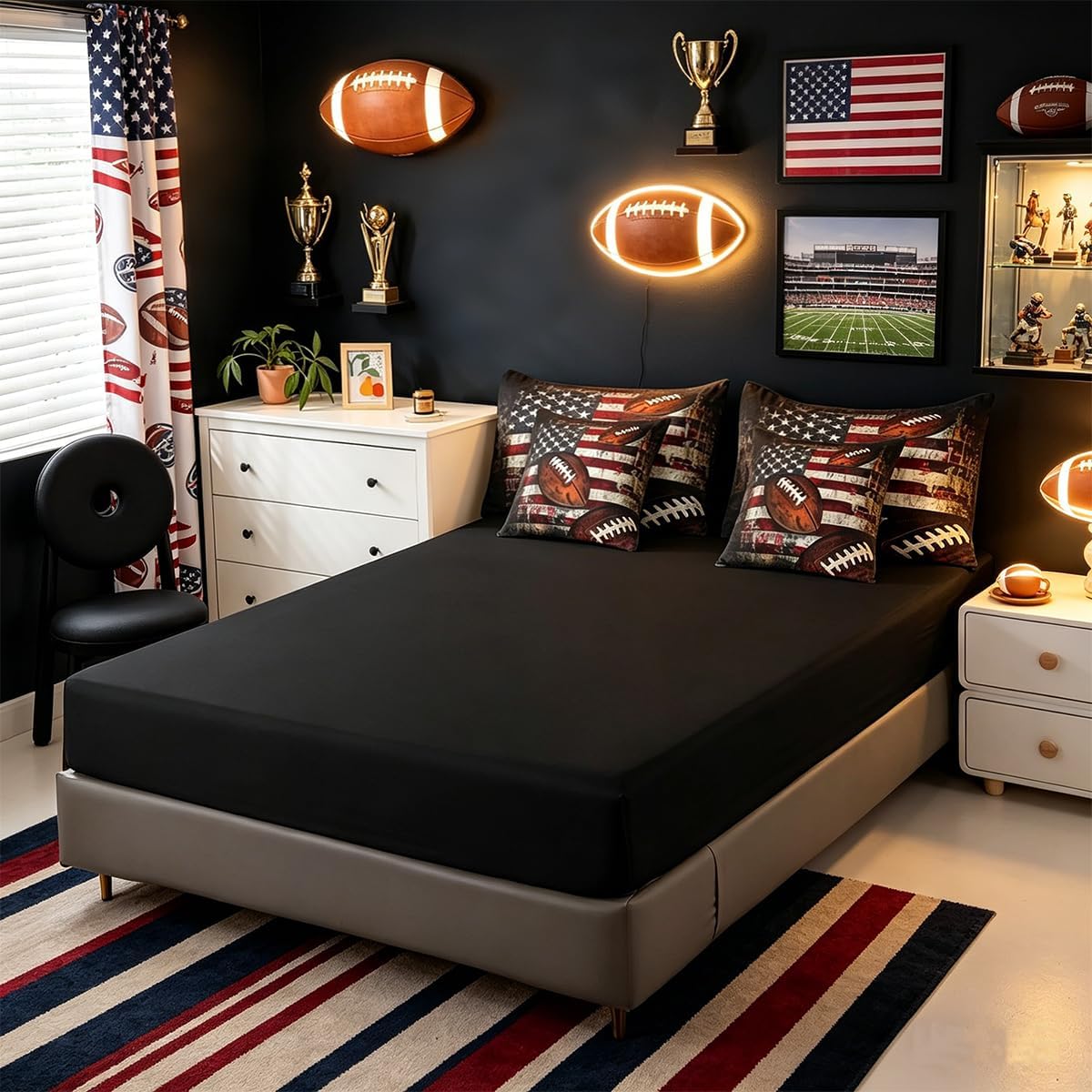 Feelyou Boys Football Comforter Set Kids Girls Queen Size 7 Pieces American Flag Bedding Set Rugby Gaming Sports Sports Theme Bed in a Bag with Comforter, Sheets, Pillowcases & Cushion Cover
