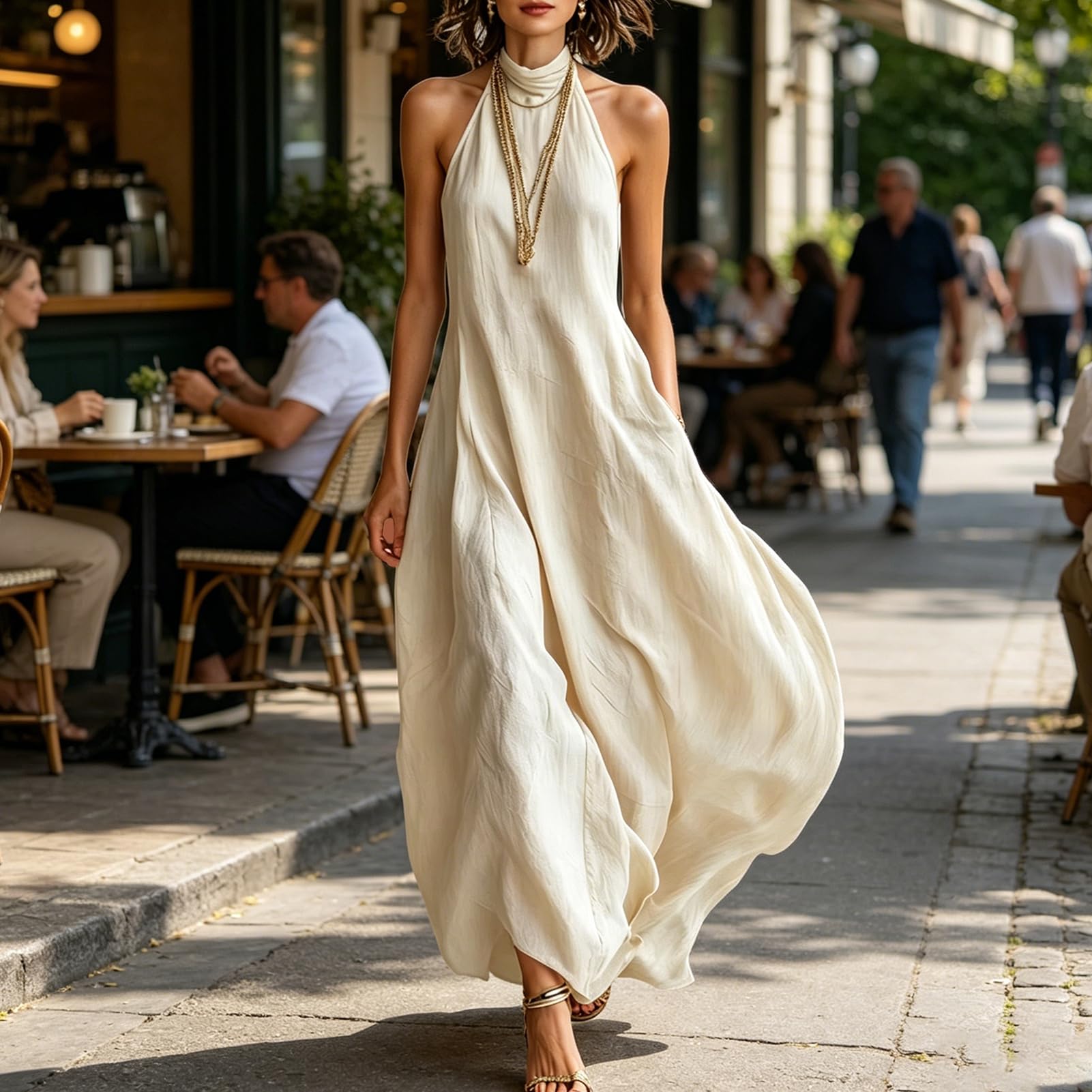 Maxi abito estivo da donna con scollo all'americana, senza maniche, linea ad A, fluido, lungo, casual, per spiaggia, vacanze e tempo libero quotidiano