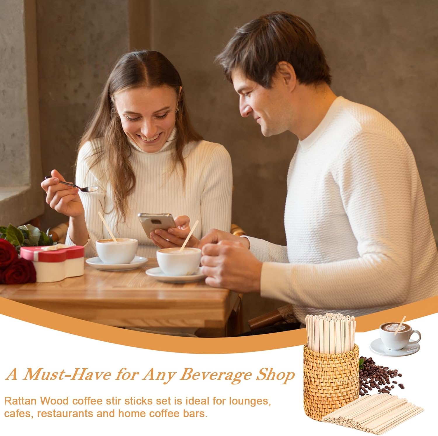 100 Pcs Wood Rattan Coffee Stirrers Holder Set Coffee Stir Sticks Wood Cocktail Stirrers Disposable Beverage Stirrer Sticks 5 Inch Stirring Sticks For Coffee Bar Home Counter Hot or Cold Drinks Tea - Image 6