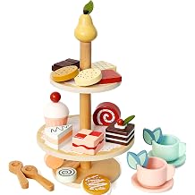 PairPear Tea Party Set Dessert Stand Playset -Wooden Toys Pretend Play Food Kitchen Accessories for Toddler Tea Set Birthday Gift