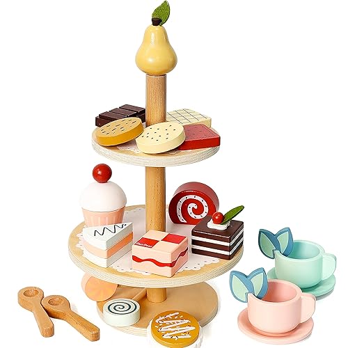 PairPear Tea Party Set Dessert Stand Playset -Wooden Toys Pretend Play Food Kitchen Accessories for Toddler Tea Set Birthday Gift