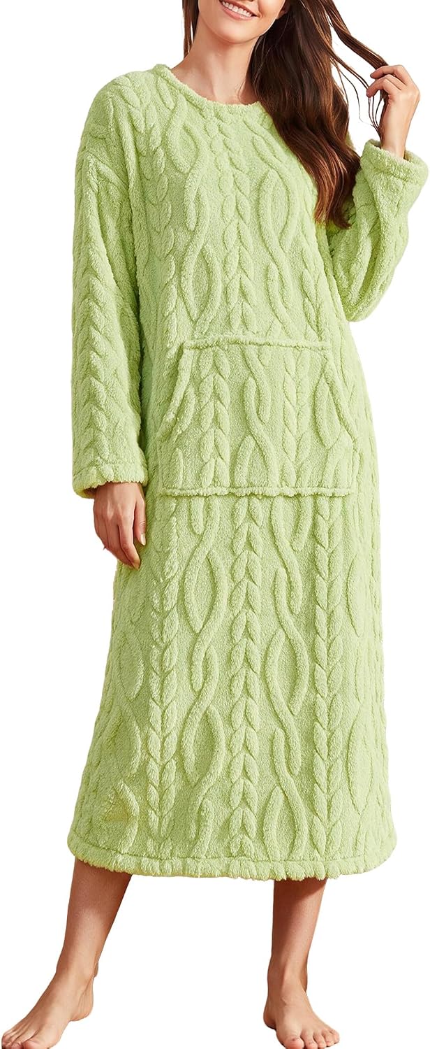 Fleece Nightgown for Women Cozy Plush Long Sleeve Sleep Dress Winter Warm Fuzzy Lounge Dress Pajama Loungewear
