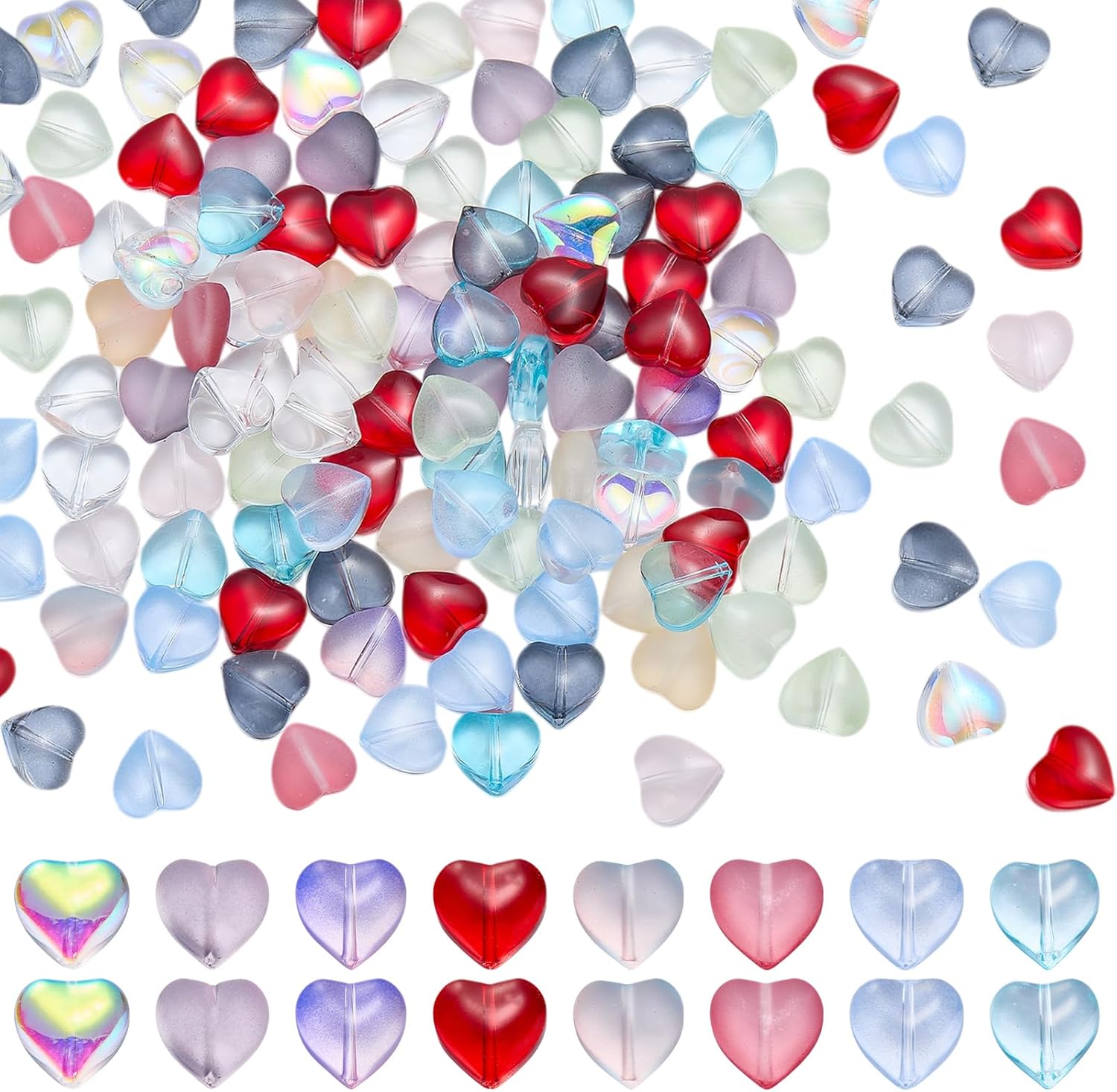 Ornaland 150 Pcs Glass Heart Beads for Jewelry Making Frosted Glass Spacer Beads for Bracelets Necklace Ornaments DIY Craft