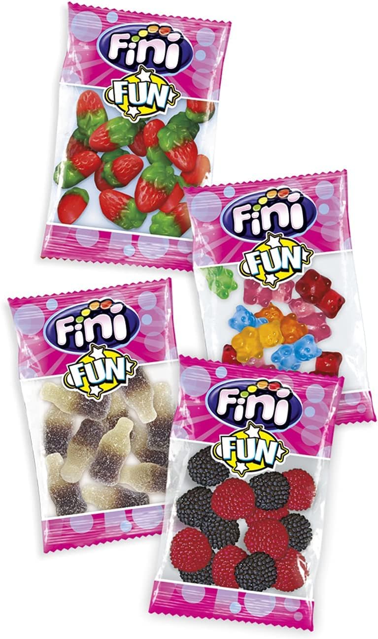 Fini Fun | Surtido Gominolas | Fresas, Ositos, Moras y Coca Colas | Sin Gluten | 1 unidad con 18 mini bolsas (325 gr)