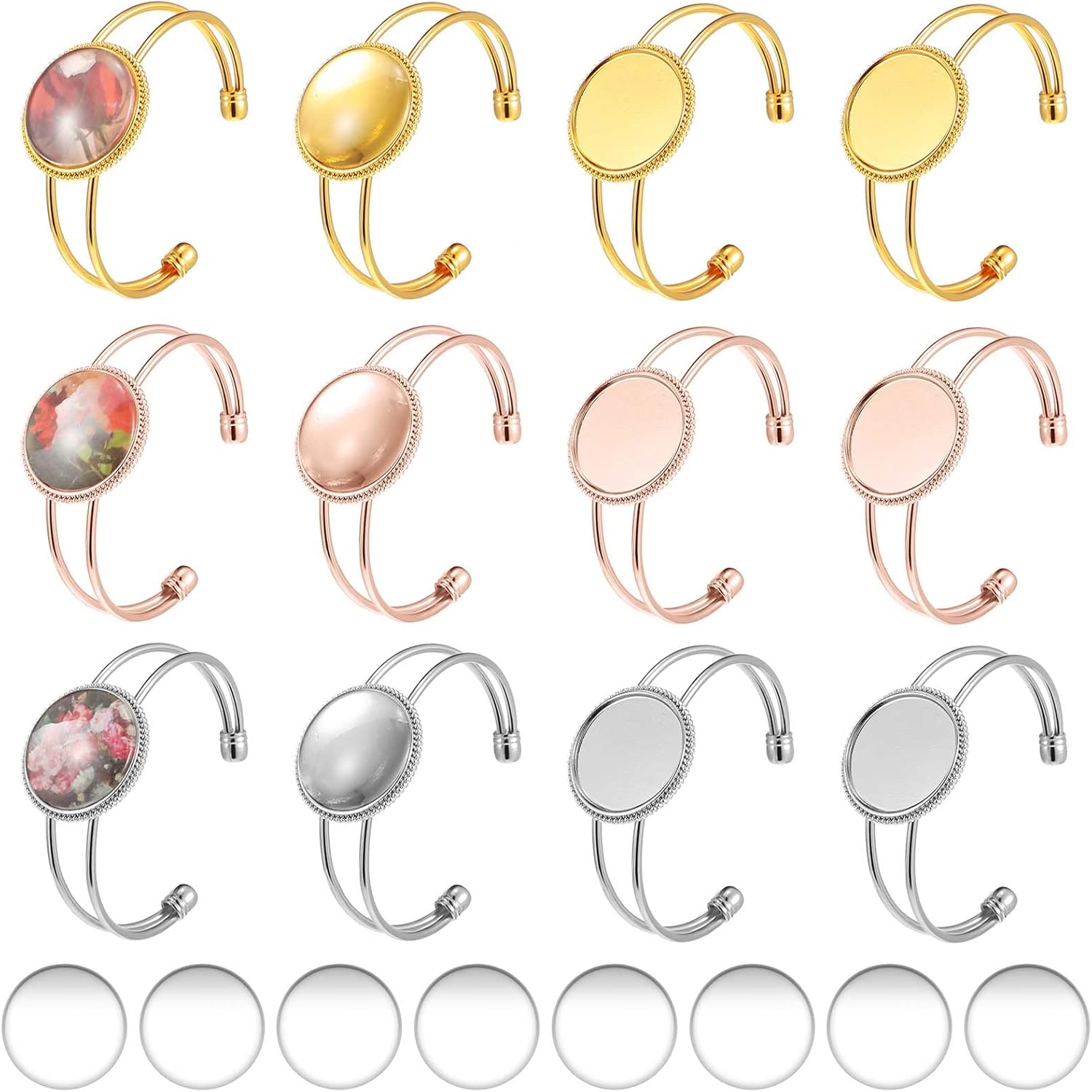 Junkin 12 Pcs 25mm Bezel Blank Bracelet 3 Colors Adjustable Round Cabochon Blank Bezel Tray Bangle, Rose Gold Silver Cuff Bangles with 12 Pcs 25mm Clear Glass Cabochons for DIY Craft Jewelry Making