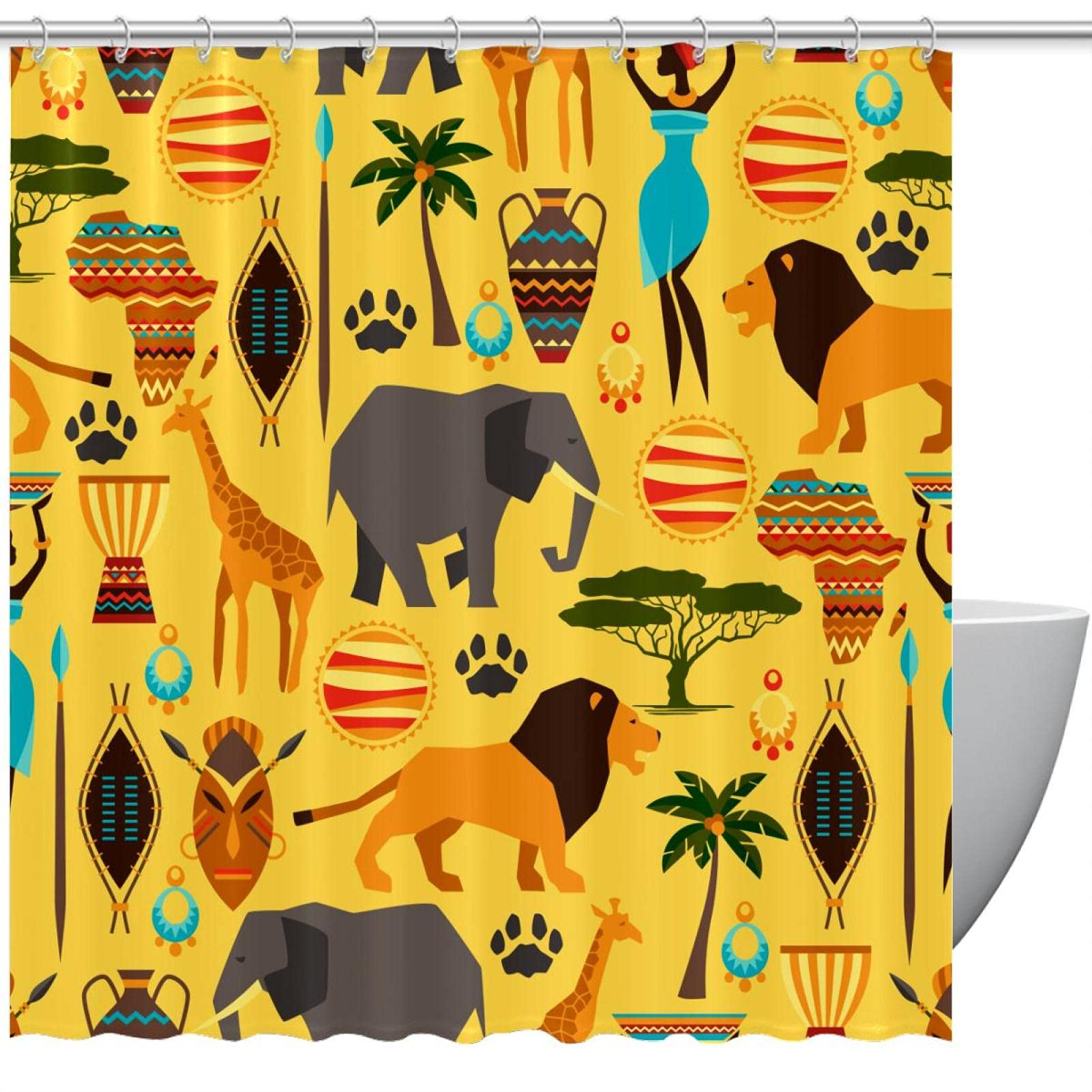 Rideau de douche savane africaine 183x183 cm imperméable avec éléphant et girafe