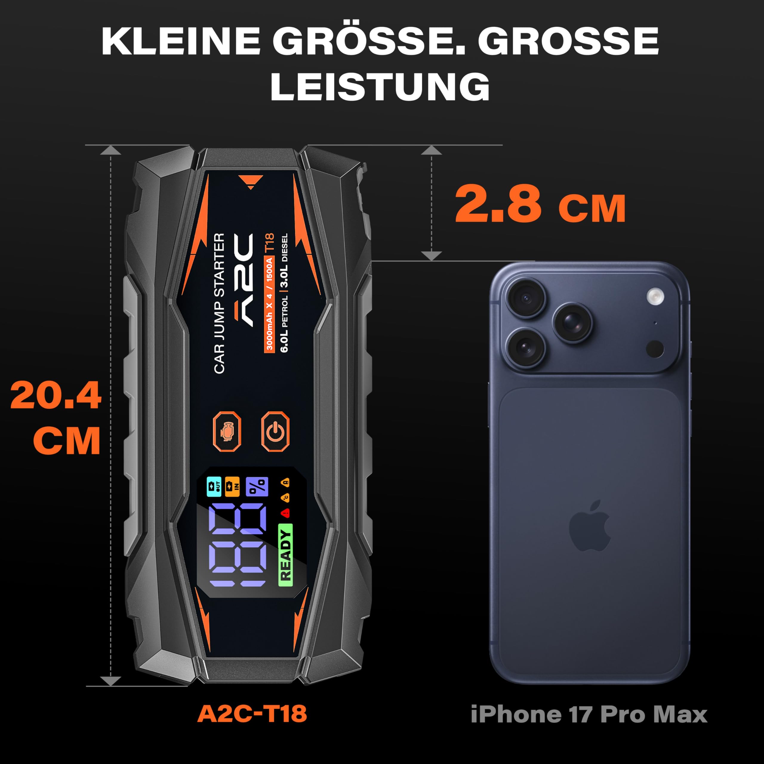 A2C Starthilfe Powerbank, 12V starthilfe powerbank für pkw(bis zu 6L Benzin/3L Diesel), 16800mAh Power Bank(PD/QC 3.0) mit 3 USB, Auto starthilfe mit Starthilfekabel, Mit LED-Anzeige und Licht | 3 USB-C-Anschlüsse, Schnellladung PD/QC 3.0, LED-Display, in