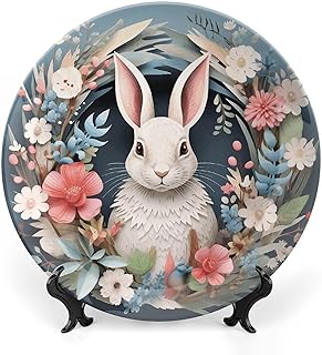 BTCOWZRV Easter Wreath with Rabbit Ceramic Decorative Plate Bone China Decorative Plates with Display Stand Dinner Plates Art Crafts Ceramic Ornaments for Wall Hanging Decoration