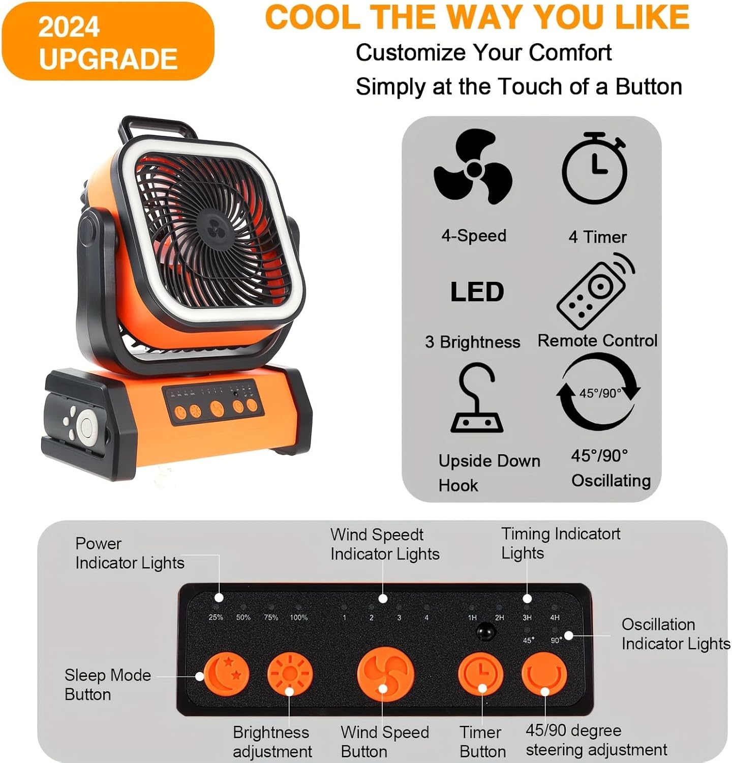 30000wAh LED Camping Fan with Remote, 4 Speeds, USB-C Charging, Timer,automatic oscillation, Hanging Hook,Ideal for camping, power outages and hurricanes (green)