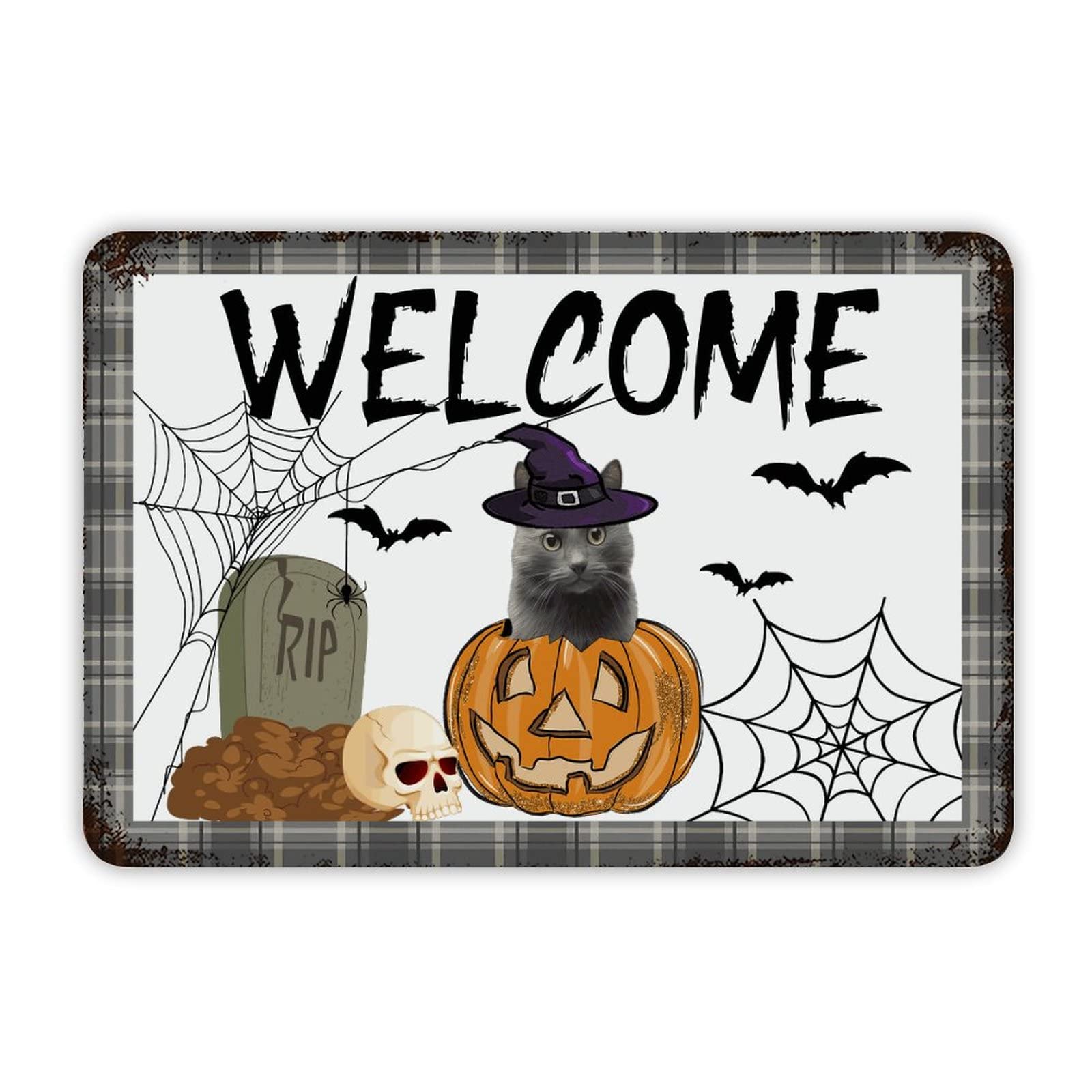 ENEDNATE Happy Halloween Witch Hat Cat Pumpkin Welcome Vintage Man Cave Metal Sign 8x12 Inch Decorative Aluminum Tin Sign for Indoor Outdoor Kitchen Bar Restaurant Cafe Pub Wall Art Decor Poster