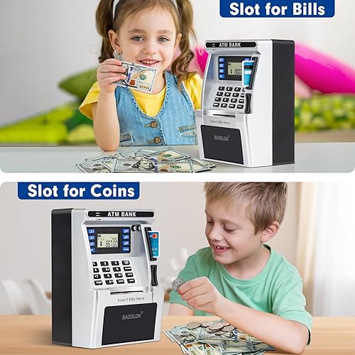 Miniatura 4 de BAODLON Alcancía para niños, cajero automático para dinero real con tarjeta de débito, alimentador de facturas, reconocimiento de monedas,