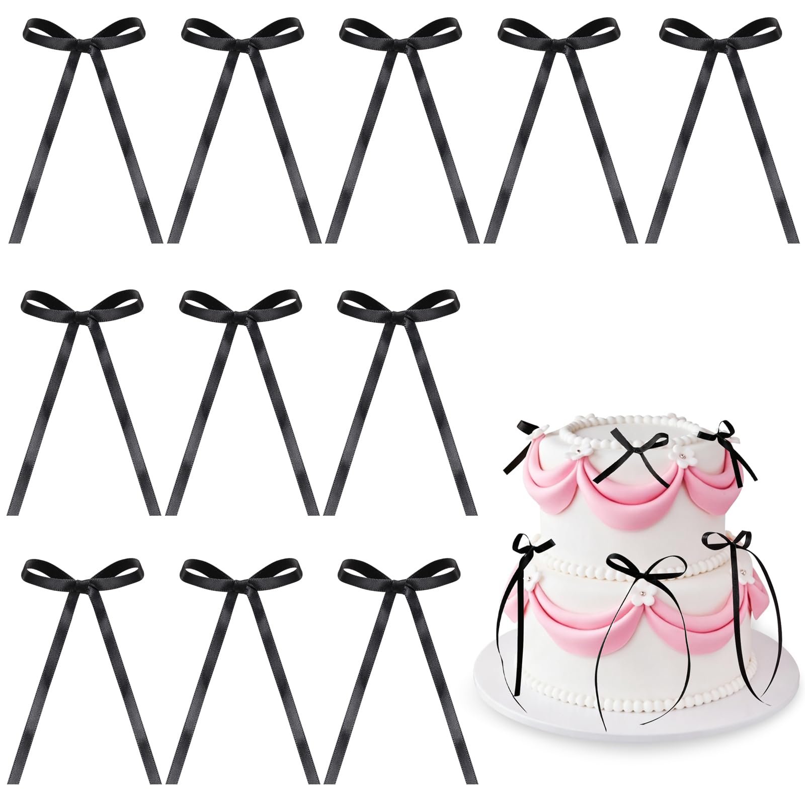 Photo 1 of REGUICORP 50PCS Bow Cake Toppers, Black Bows Cake Decorations, Black Ribbon Bows for Birthdays, Weddings, Bachelorette Parties, Graduation Celebrations, Dessert Table Supplies
