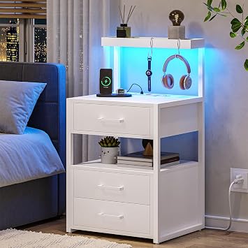 VIAGDO Led Nightstand with Charging Station, 3 Drawers Night Stands with Led Lights, White Bedside Tables with Storage Shelves, Modern End Side Tables for Bedroom, Office