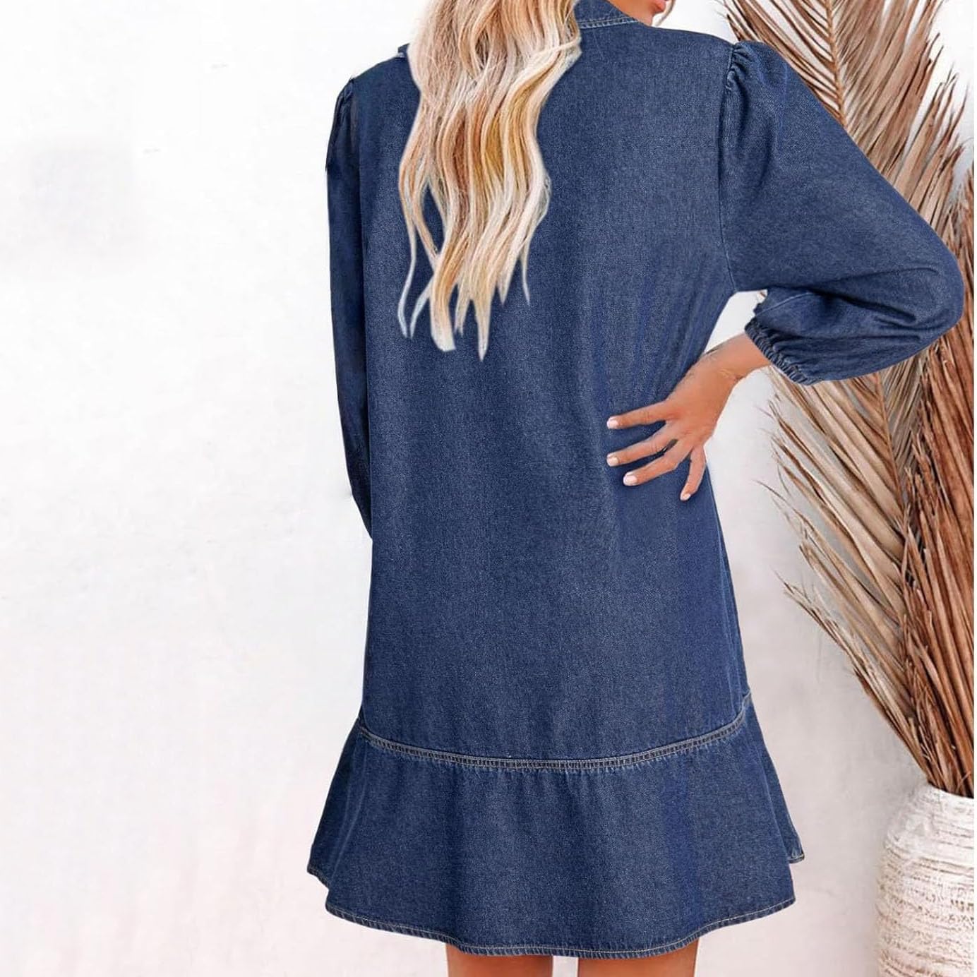 Vestido Vaquero con Capas, Cuello en V y Mangas abullonadas para Mujer, Vestidos Vaqueros con Volantes y Mangas 3/4, Vestido Vaquero Camisero Holgado de Verano con Bolsillos. (Lndigo,S)