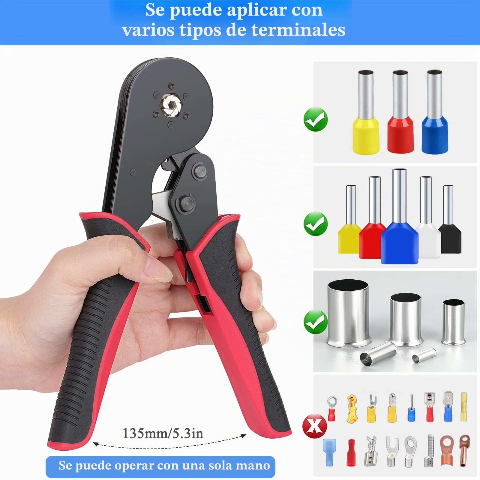 Crimpadora de Terminales Alicates 0.08-16mm²/AWG28-5 & 30PCS 16mm² Conectores/crimpadora punteras 16mm, Alicates de Terminales