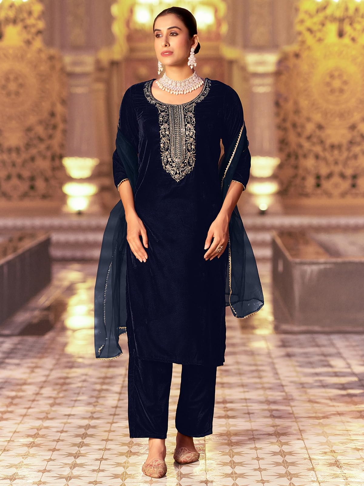 Sanisa Women's Velvet Sequins Embroidery Straight Kurta With Pant And Dupatta Set (224Kbd2372N-L_Navy Blue)