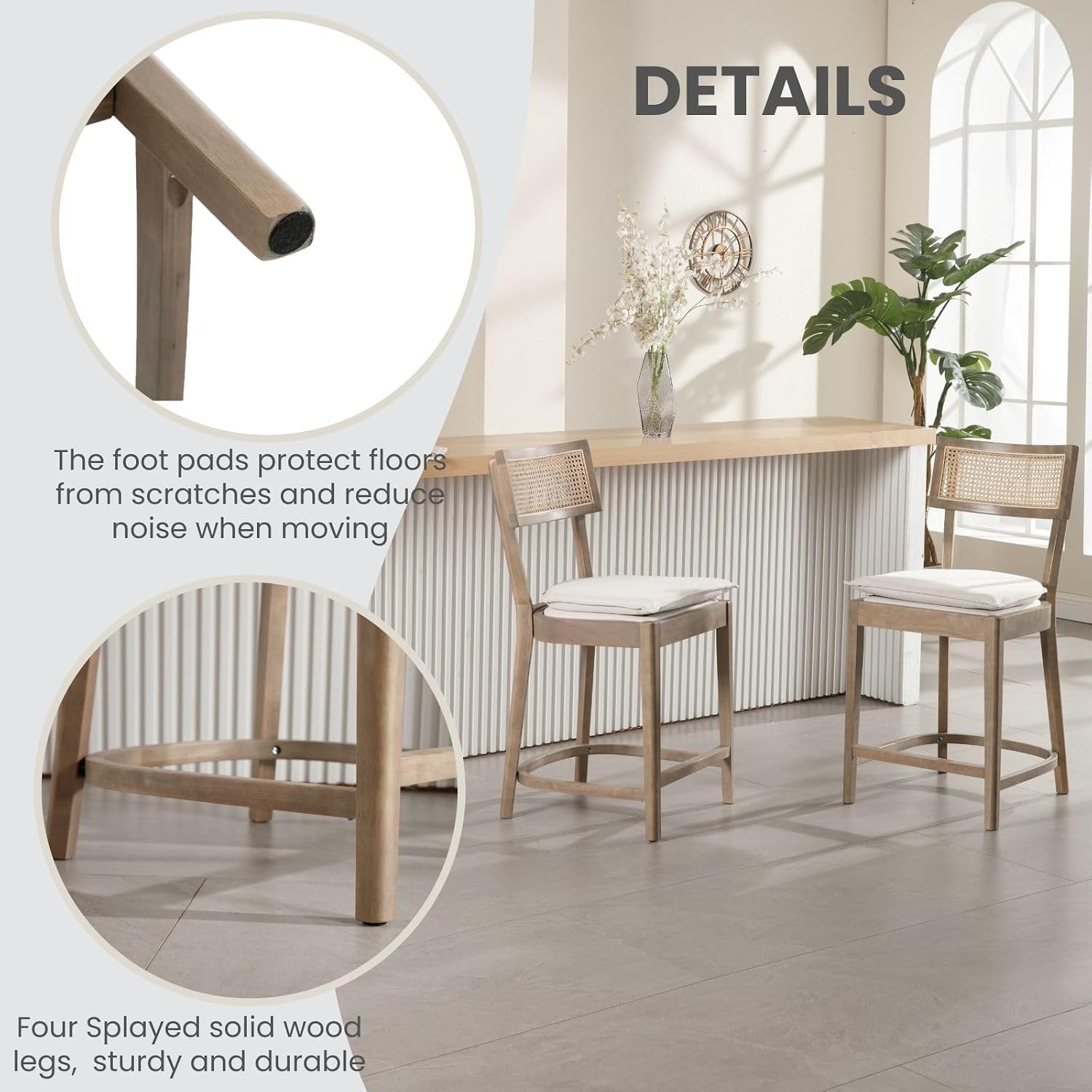 26” Rattan Counter Stools Set of 4, Wood Counter Height Bar Stools with Sherpa Upholstered, Wicker Bar Stools with Cane Back Footrest for Kitchen Island Pub Dining Room Bistro, Light Brown
