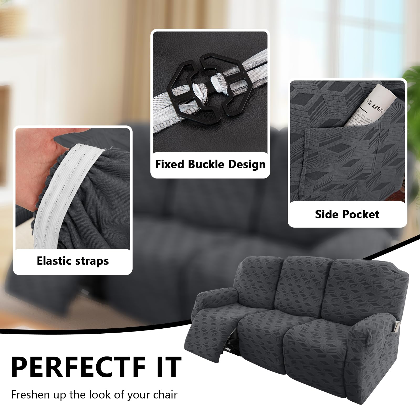 OKYUK Recliner Chair Covers, Stretch Jacquard Recliner Cover, Furniture Protector for Kids & Pets - Image 3