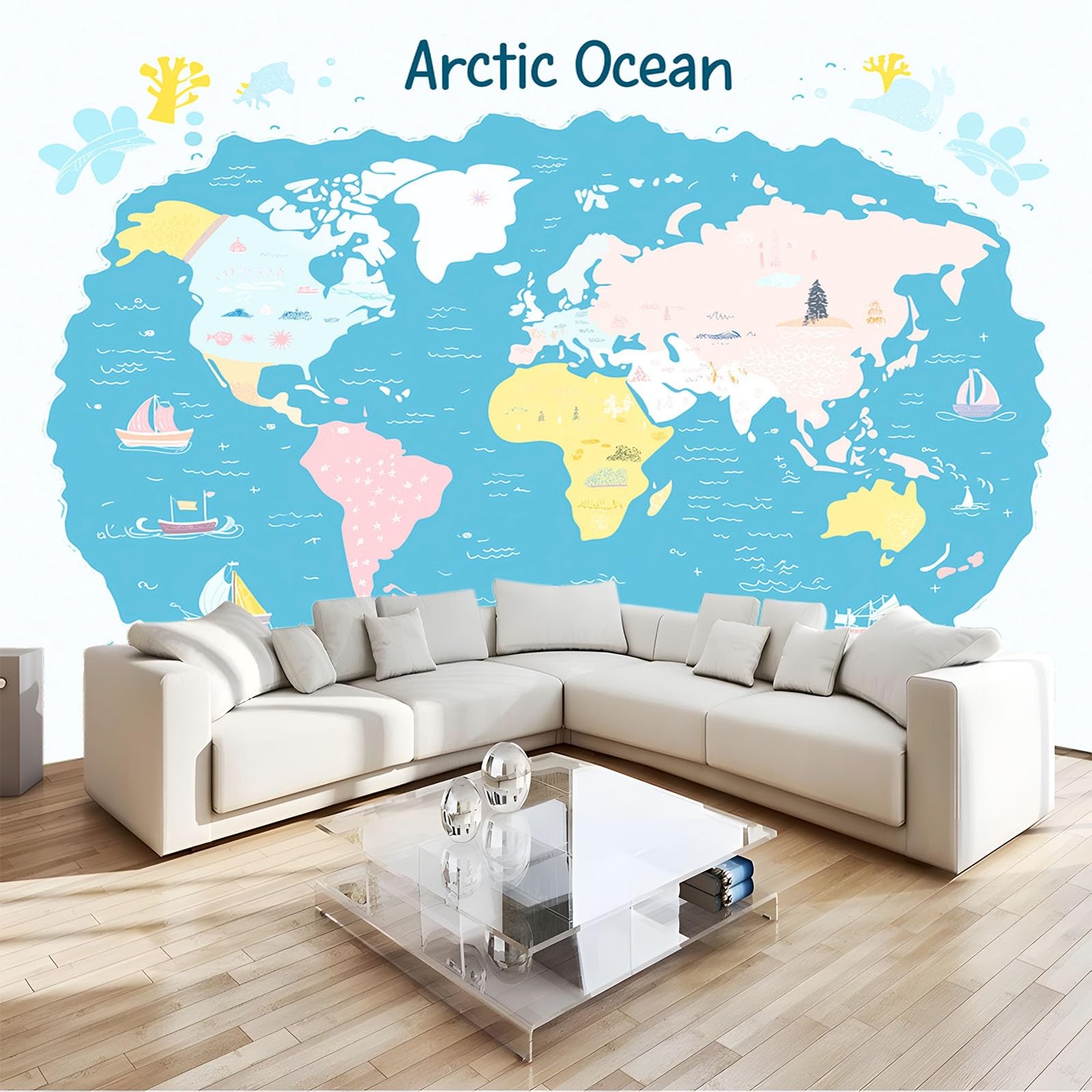 Fototapeta z motywem z kreskówki, mapa świata, tapeta ścienna, 350 x 256 cm, fototapeta do sypialni, salonu, biura, dekoracja ścienna, jasnoniebieska, plakat 3D, tapeta z włókniny