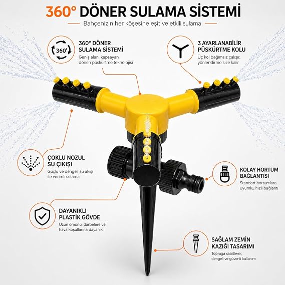Orret Home Bahçe Fıskiyesi 1/2 Hortum Uyumlu – Toprağa Batırılabilir veya Standlı Otomatik Su Fıskiyesi, Çim Sulama,360° Döner Sprink Sulama Sistemi Ev Tipi (ASORTİ RENK) (3 Başlıklı Kazık Model)