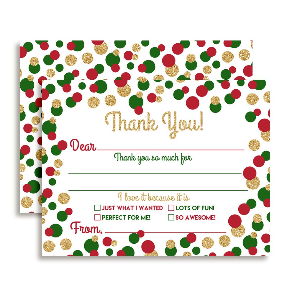 Polka Dots Red Green Gold 10 Christmas Thank You Cards 4" x 5.5" Fill-In Holiday Notes with Envelopes, Kids & Hostess Stationery Set, Cute Festive