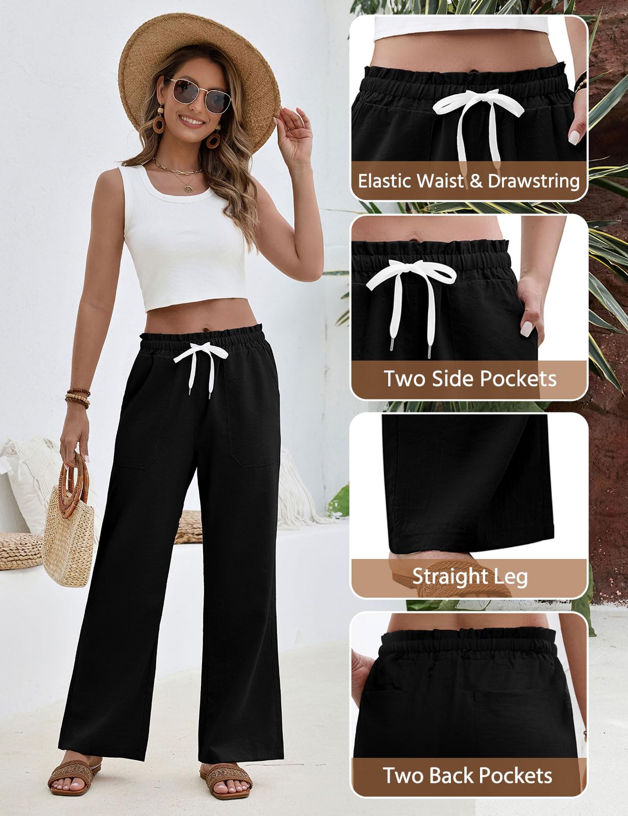 heekpek Pantalon Leger Ete Femme Fluide Taille Haute Elastique Ample Pantalons Detente Pantalon Droit Femme Chic et Elegant avec 4 Poches