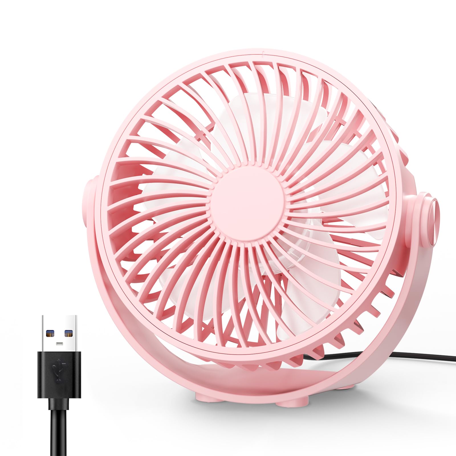 TriPole Desk Fan, Portable USB Fan Ultra Quiet, 3 Speed Powerful Table Fans with 360° Adjustable Head, Small Mini Fans for Office, Bedroom, Car, Kitchen, Outdoor (Pink)
