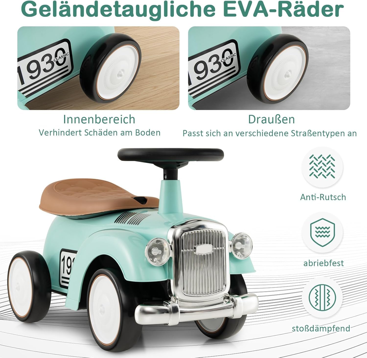 FANTASK Rutschauto mit Stauraum & Kippschutz in Grün, Rutscherfahrzeug, Kinderfahrzeug mit Lenkrad & Sound, Rutscher Kinderauto für Kinder ab 1 Jahr