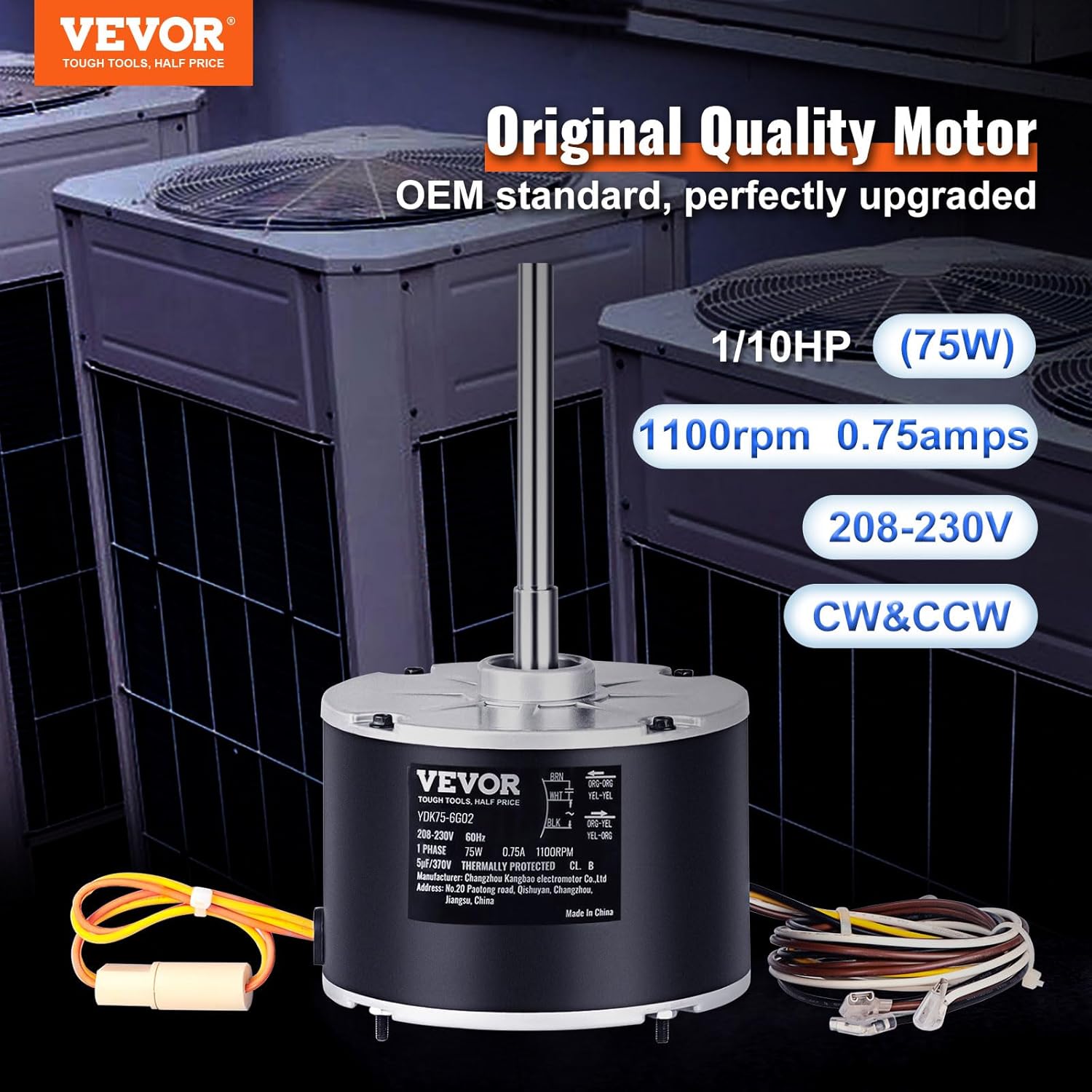 VEVOR OEM Upgraded Condenser Fan Motor, 1/10HP 1100RPM, Replacement for ac GE Genteq Carrier Bryant Payne Dayton, 5KCP39BGS069S, 5KCP39BGY915S, 3S001, 6DLL7, Reversible Rotating + Capacitor