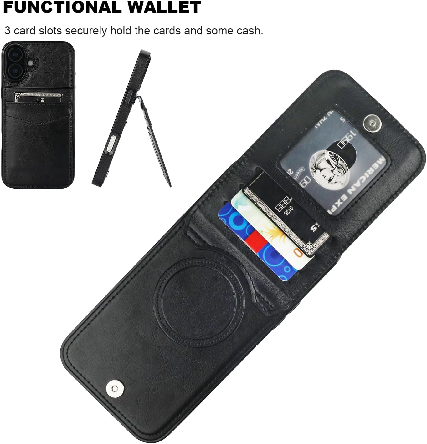 KIHUWEY for iPhone 16 Plus Case Wallet Compatible with MagSafe Wireless Charging, Credit Card Holder, RFID Flip Leather Magnetic Clasp Kickstand Heavy Duty Protective Cover 6.3 Inch (Black)
