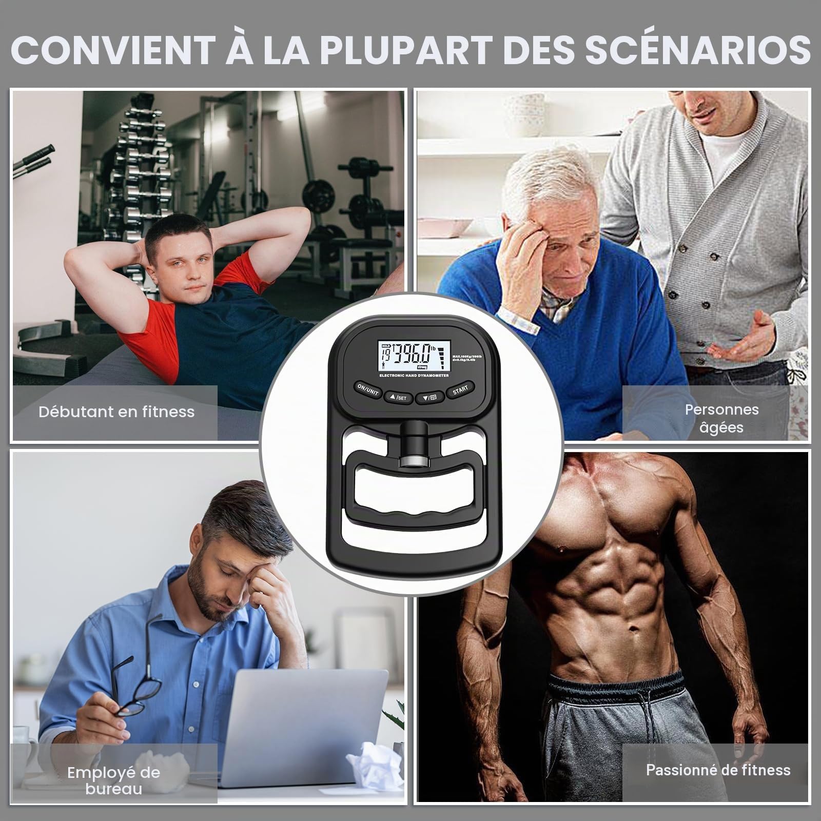 Appareil de musculation numérique à main, 180 kg, dynamomètre, avec câble de charge USB, appareil de force de préhension électronique, grand écran LED
